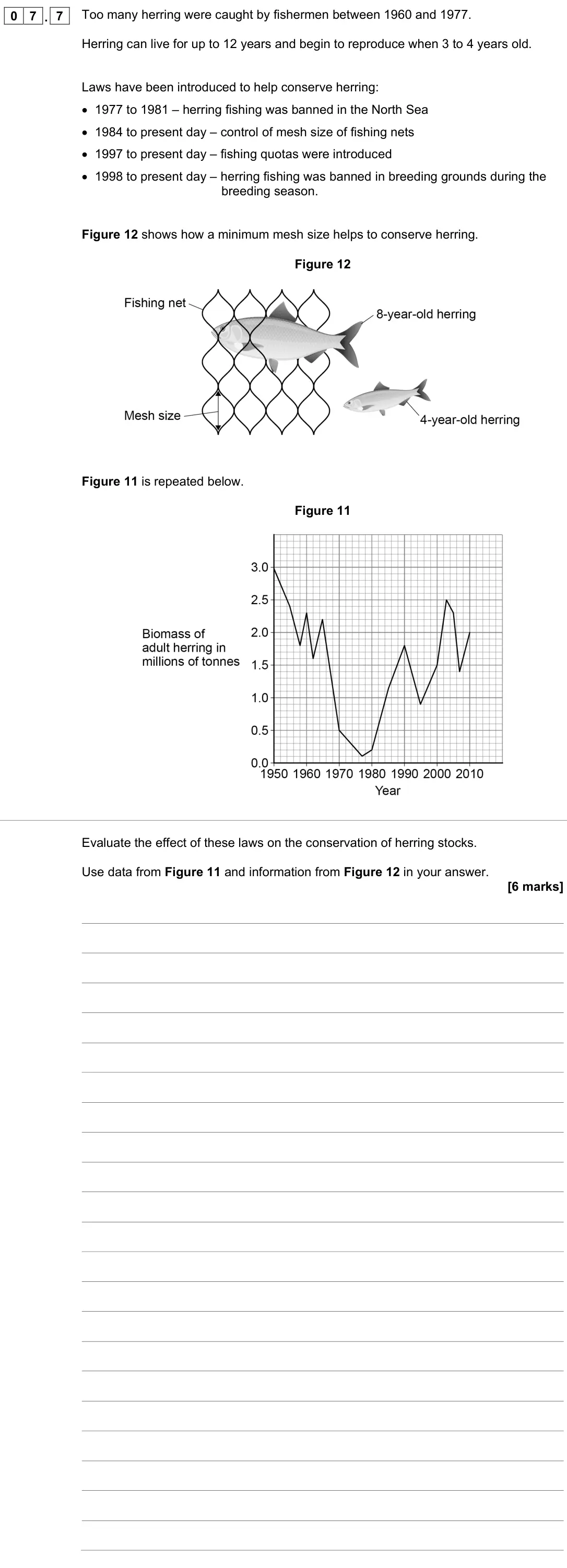 November 2021 Paper 2 Higher, question 07.7: Too many herring were caught by fishermen between 1960 and 1977. Herring can live for up to 12 years and begin to reproduce when 3 to 4 years old. Laws have bee