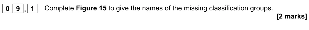 November 2021 Paper 2 Higher, question 09.1: Complete Figure 15 to give the names of the missing classification groups. [2 marks]