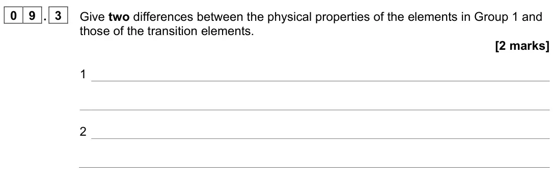 June 2022 Paper 1 Foundation, question 09.3: Give two differences between the physical properties of the elements in Group 1 and those of the transition elements. [2 marks] 1 2