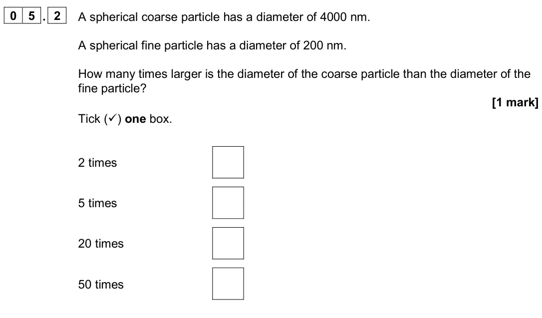 June 2023 Paper 1 Foundation, question 05.2: A spherical coarse particle has a diameter of 4000 nm. A spherical fine particle has a diameter of 200 nm. How many times larger is the diameter of the coarse p