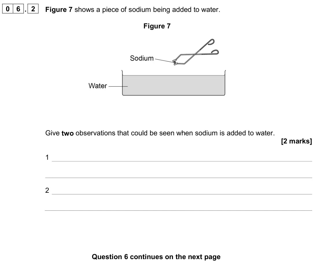June 2023 Paper 1 Foundation, question 06.2: Figure 7 shows a piece of sodium being added to water. Figure 7 Give two observations that could be seen when sodium is added to water. [2 marks] 1 2
