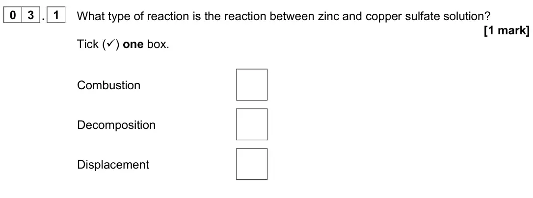 June 2024 Paper 1 Foundation, question 03.1: What type of reaction is the reaction between zinc and copper sulfate solution? [1 mark] Tick () one box. Combustion Decomposition Displacement