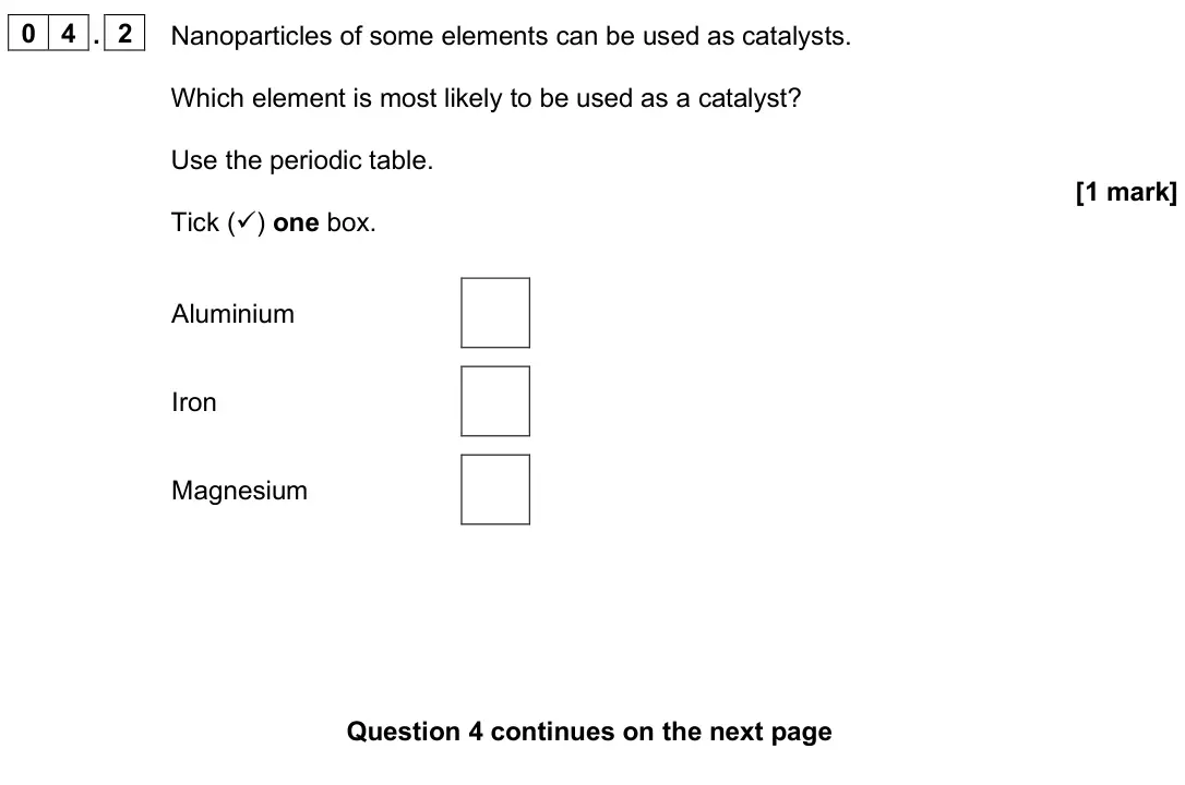 June 2024 Paper 1 Foundation, question 04.2: Nanoparticles of some elements can be used as catalysts. Which element is most likely to be used as a catalyst? Use the periodic table. [1 mark] Tick () one bo