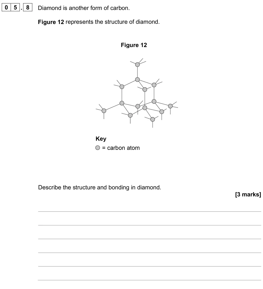 June 2024 Paper 1 Foundation, question 05.8: Diamond is another form of carbon. Figure 12 represents the structure of diamond. Figure 12 Describe the structure and bonding in diamond. [3 marks]