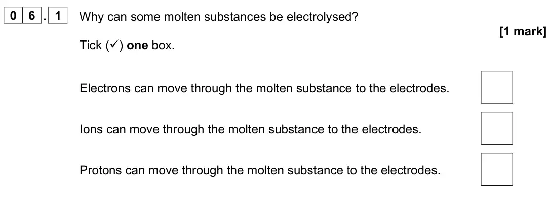 June 2024 Paper 1 Foundation, question 06.1: Why can some molten substances be electrolysed? [1 mark] Tick () one box. Electrons can move through the molten substance to the electrodes. Ions can move thro