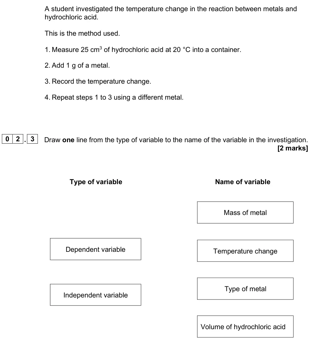 June 2025 Paper 1 Foundation, question 02.3: Draw one line from the type of variable to the name of the variable in the investigation. [2 marks] Type of variable Name of variable Dependent variable Indepen