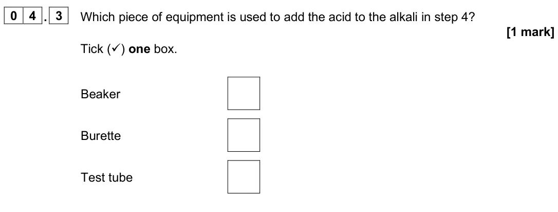 June 2025 Paper 1 Foundation, question 04.3: Which piece of equipment is used to add the acid to the alkali in step 4? [1 mark] Tick () one box. Beaker Burette Test tube