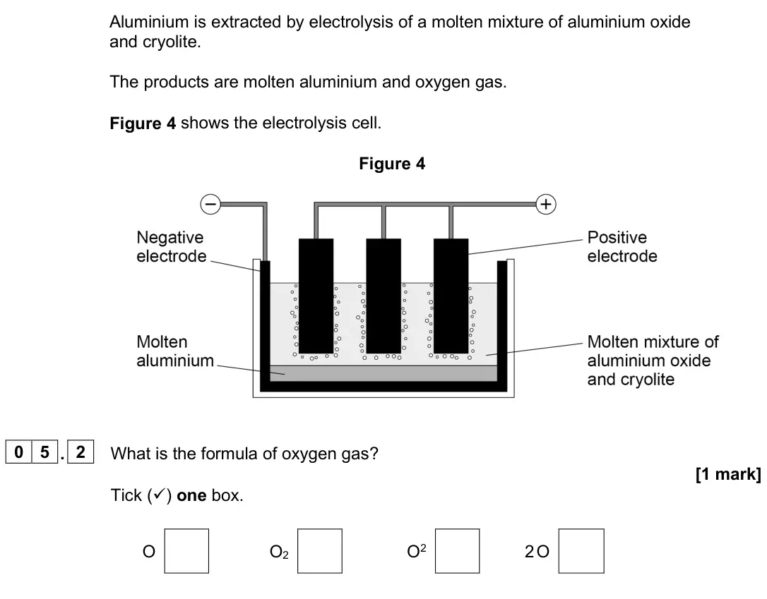 June 2025 Paper 1 Foundation, question 05.2: What is the formula of oxygen gas? [1 mark] Tick () one box. O O2 O2 2 O