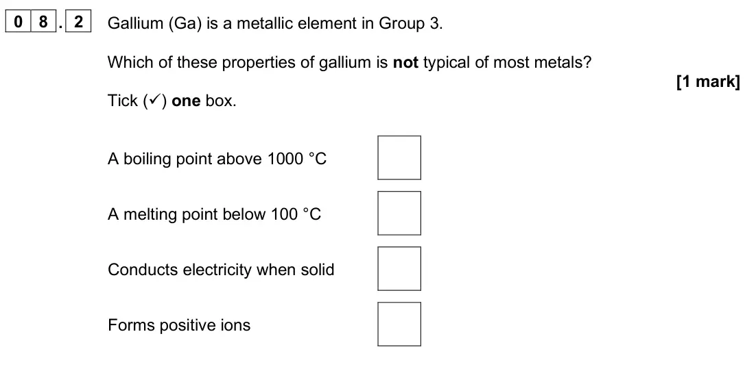 June 2025 Paper 1 Foundation, question 08.2: Gallium (Ga) is a metallic element in Group 3. Which of these properties of gallium is not typical of most metals? [1 mark] Tick () one box. A boiling point ab
