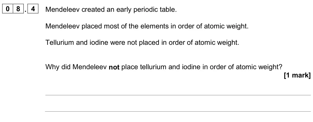 June 2025 Paper 1 Foundation, question 08.4: Mendeleev created an early periodic table. Mendeleev placed most of the elements in order of atomic weight. Tellurium and iodine were not placed in order of ato