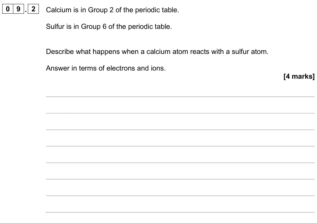 June 2025 Paper 1 Foundation, question 09.2: Calcium is in Group 2 of the periodic table. Sulfur is in Group 6 of the periodic table. Describe what happens when a calcium atom reacts with a sulfur atom. An