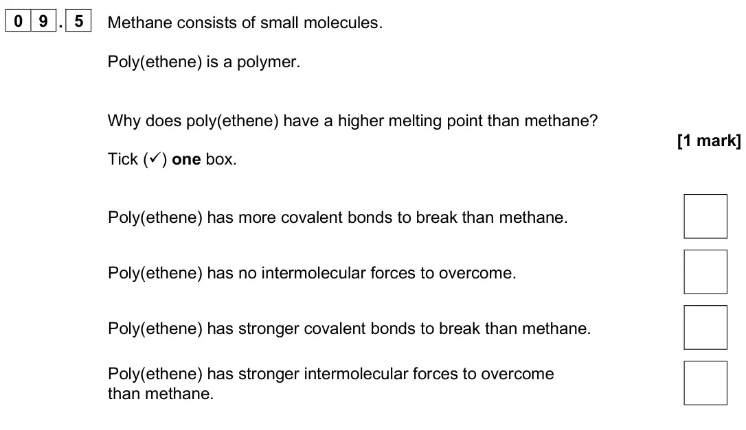 June 2025 Paper 1 Foundation, question 09.5: Methane consists of small molecules. Poly(ethene) is a polymer. Why does poly(ethene) have a higher melting point than methane? [1 mark] Tick () one box. Poly(