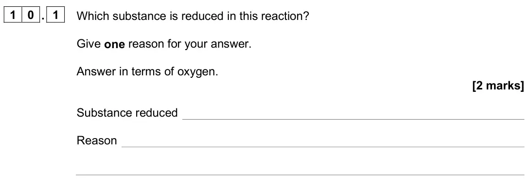 June 2025 Paper 1 Foundation, question 10.1: Which substance is reduced in this reaction? Give one reason for your answer. Answer in terms of oxygen. [2 marks] Substance reduced Reason