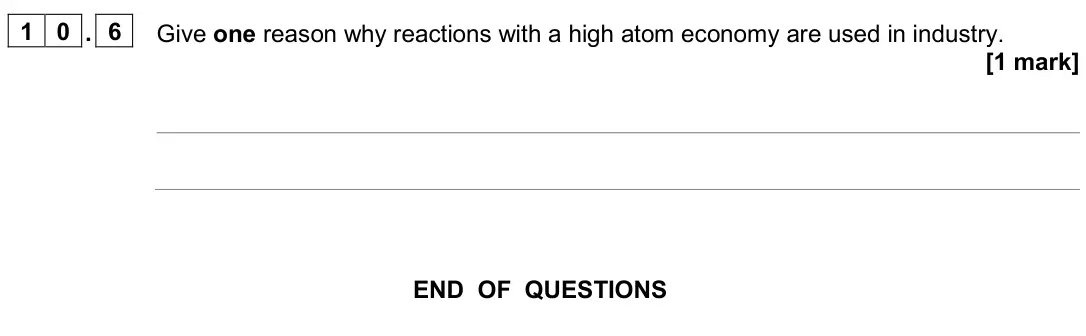 November 2020 Paper 1 Foundation, question 10.6: Give one reason why reactions with a high atom economy are used in industry. [1 mark]