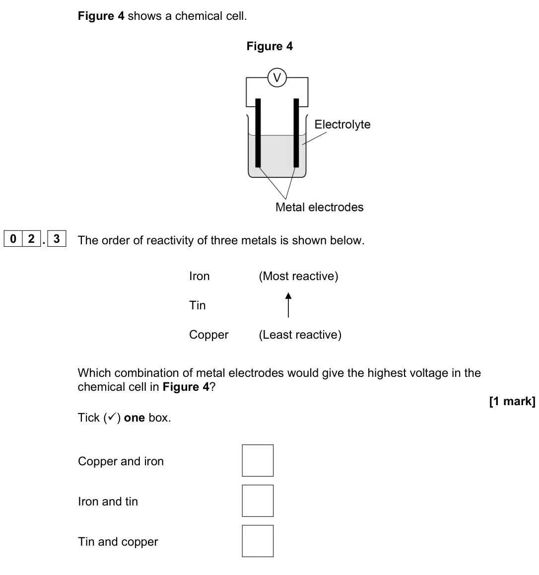 November 2021 Paper 1 Foundation, question 02.3: The order of reactivity of three metals is shown below. Iron (Most reactive) Tin Copper (Least reactive) Which combination of metal electrodes would give the hi