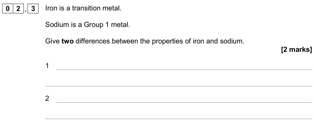 June 2018 Paper 1 Higher, question 02.3: Iron is a transition metal. Sodium is a Group 1 metal. Give two differences between the properties of iron and sodium. [2 marks] 1 2