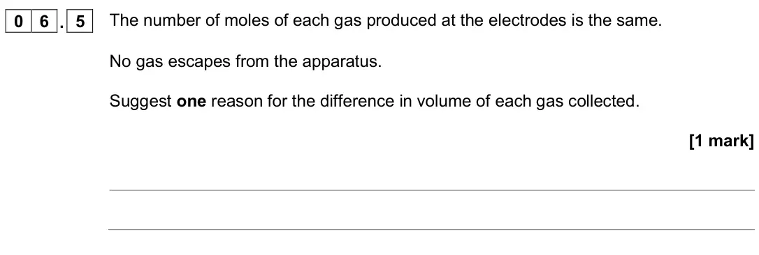 June 2018 Paper 1 Higher, question 06.5: The number of moles of each gas produced at the electrodes is the same. No gas escapes from the apparatus. Suggest one reason for the difference in volume of ea