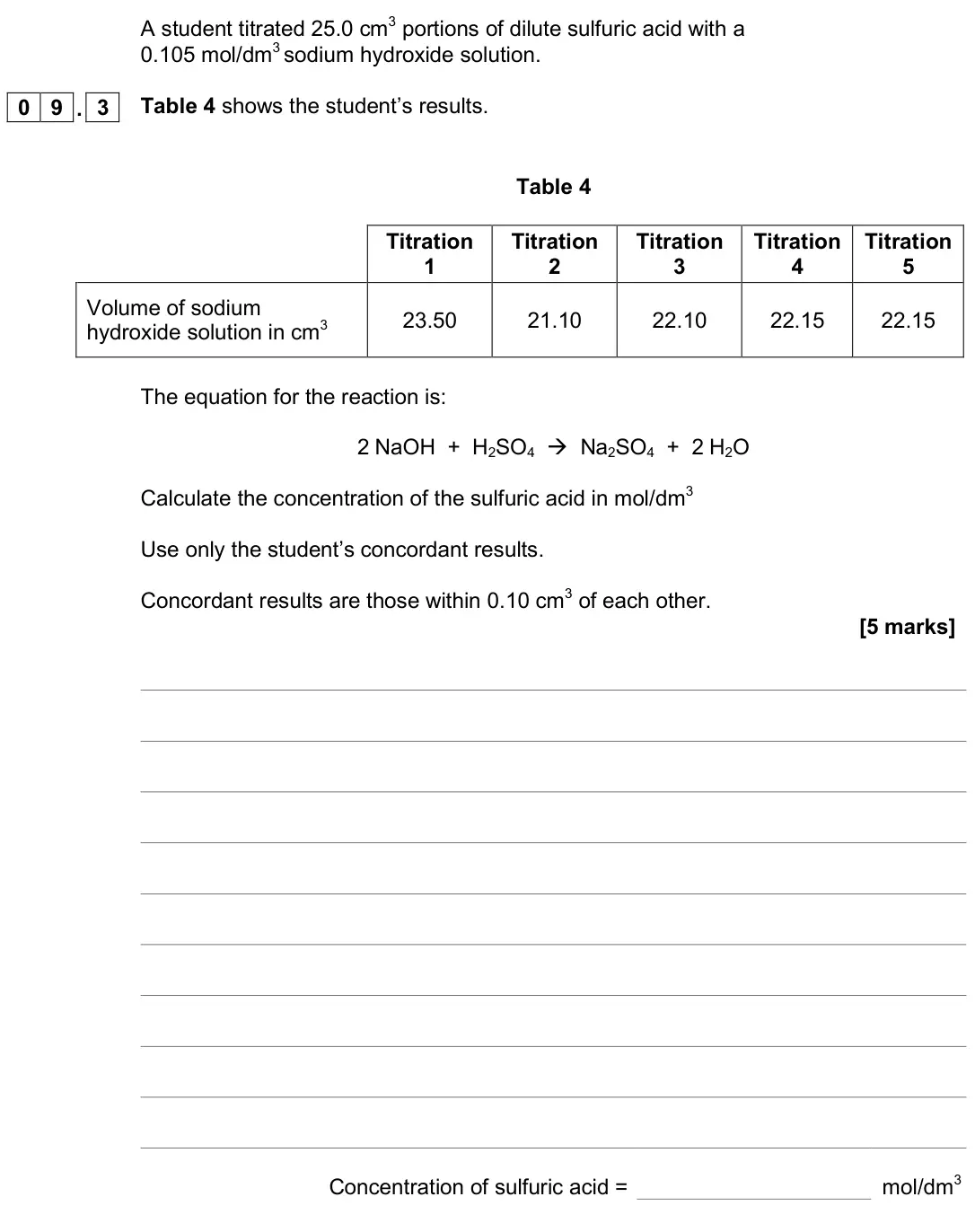 June 2018 Paper 1 Higher, question 09.3: Table 4 shows the student’s results. Table 4 Titration 1 Titration 2 Titration 3 Titration 4 Titration 5 Volume of sodium hydroxide solution in cm3 23.50 21.10