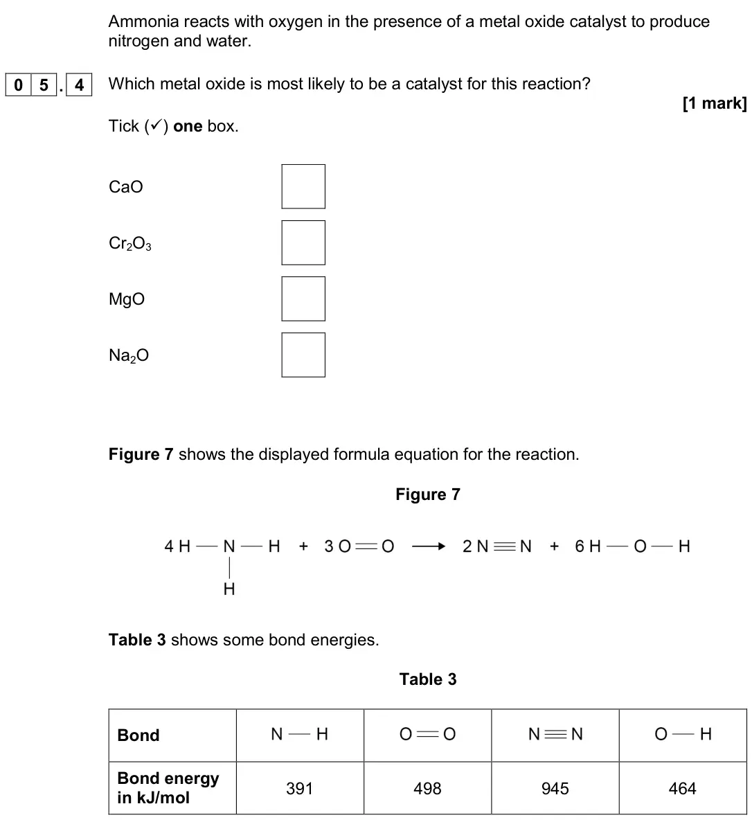 June 2019 Paper 1 Higher, question 05.4: Which metal oxide is most likely to be a catalyst for this reaction? [1 mark] Tick () one box. CaO Cr2O3 MgO Na2O Figure 7 shows the displayed formula equation