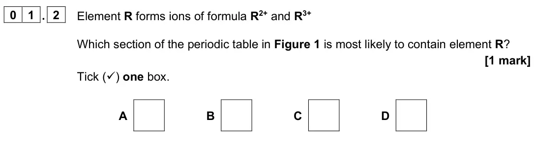 June 2022 Paper 1 Higher, question 01.2: Element R forms ions of formula R2+ and R3+ Which section of the periodic table in Figure 1 is most likely to contain element R? [1 mark] Tick () one box. A B 