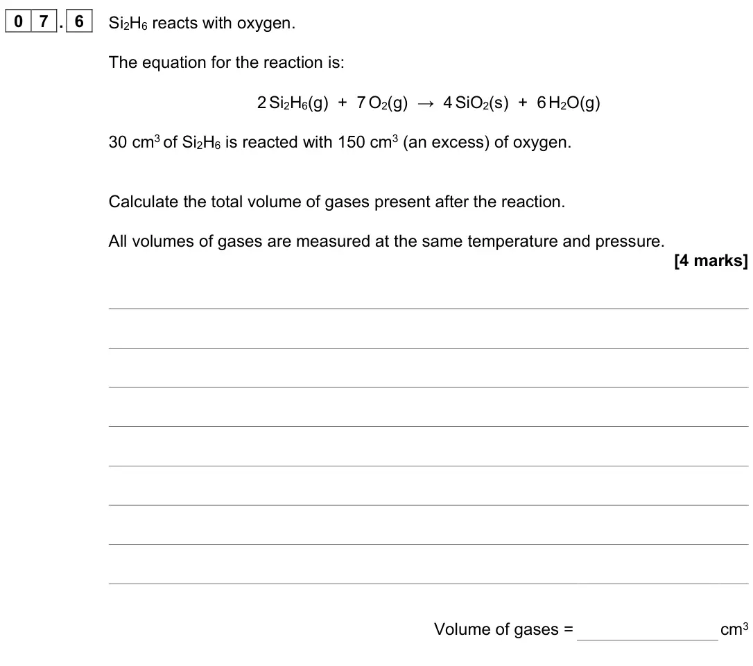 June 2022 Paper 1 Higher, question 07.6: Si2H6 reacts with oxygen. The equation for the reaction is: 2 Si2H6(g) + 7 O2(g) → 4 SiO2(s) + 6 H2O(g) 30 cm3 of Si2H6 is reacted with 150 cm3 (an excess) of o