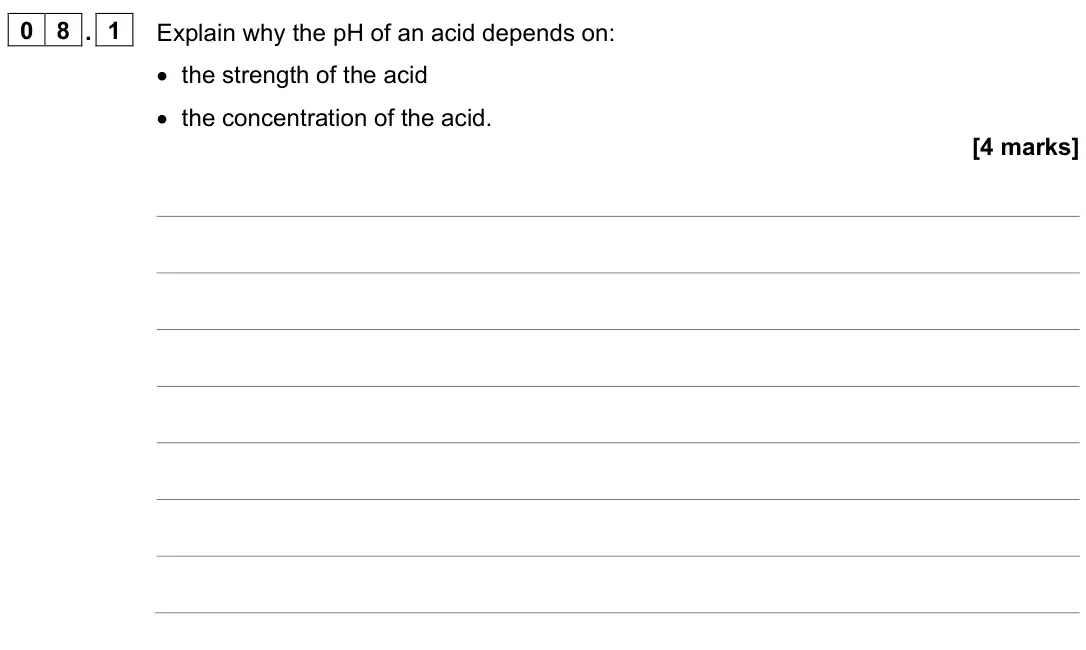 June 2022 Paper 1 Higher, question 08.1: Explain why the pH of an acid depends on: • the strength of the acid • the concentration of the acid. [4 marks]