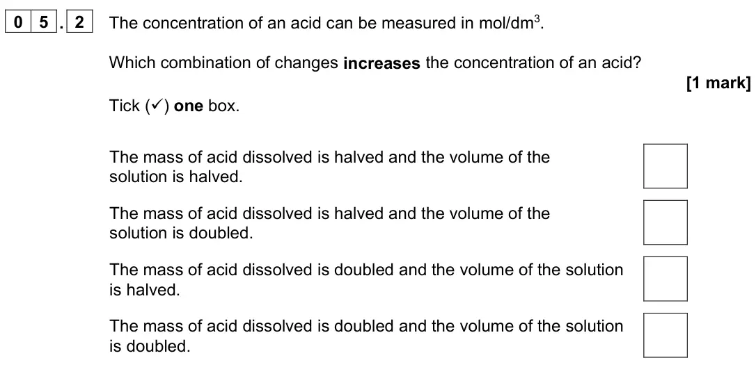 June 2023 Paper 1 Higher, question 05.2: The concentration of an acid can be measured in mol/dm3. Which combination of changes increases the concentration of an acid? [1 mark] Tick () one box. The mas