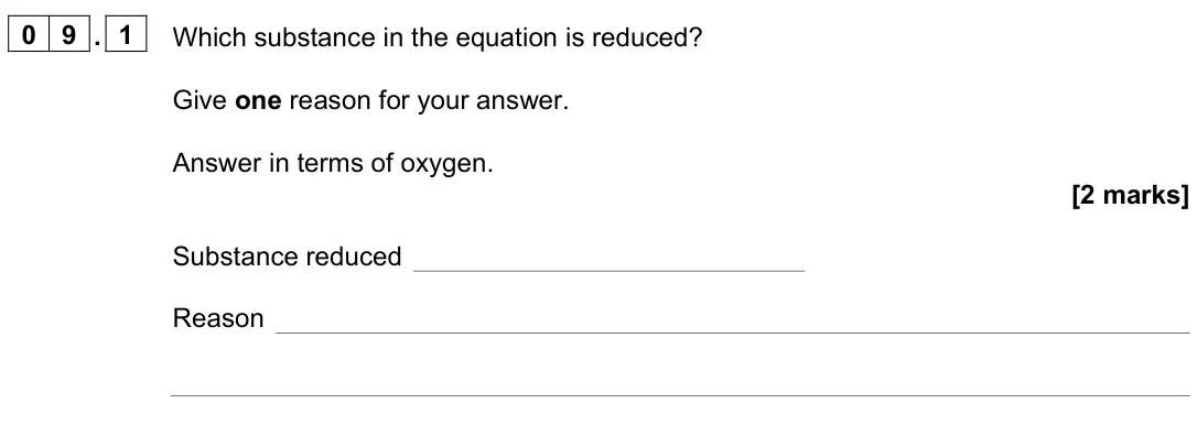 June 2023 Paper 1 Higher, question 09.1: Which substance in the equation is reduced? Give one reason for your answer. Answer in terms of oxygen. [2 marks] Substance reduced Reason