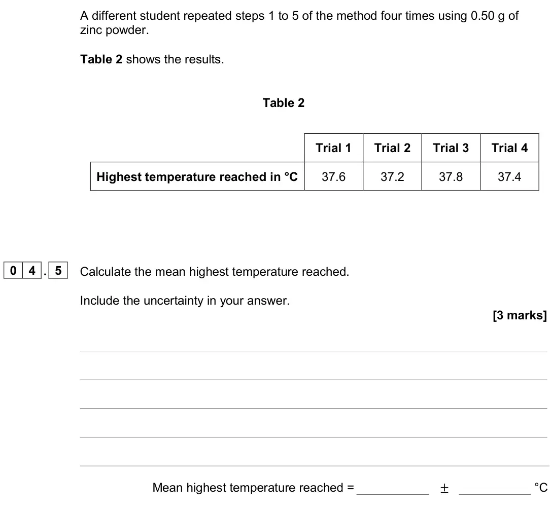 June 2024 Paper 1 Higher, question 04.5: Calculate the mean highest temperature reached. Include the uncertainty in your answer. [3 marks] Mean highest temperature reached = ± °C