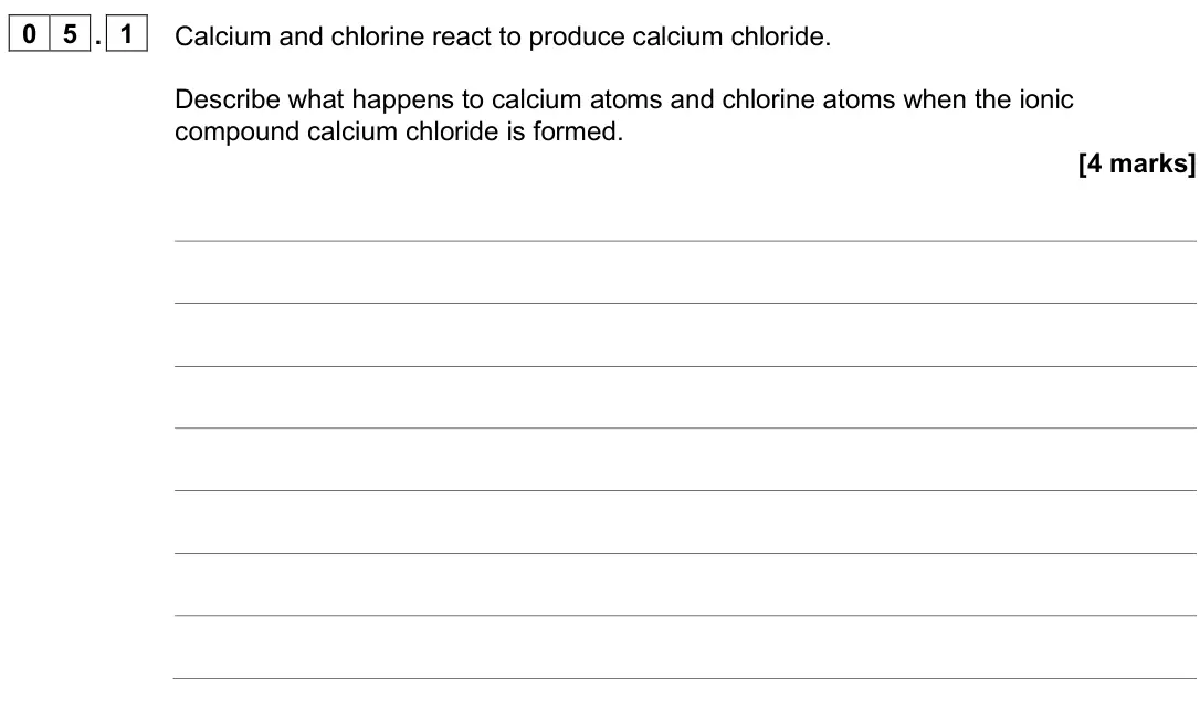 June 2024 Paper 1 Higher, question 05.1: Calcium and chlorine react to produce calcium chloride. Describe what happens to calcium atoms and chlorine atoms when the ionic compound calcium chloride is fo