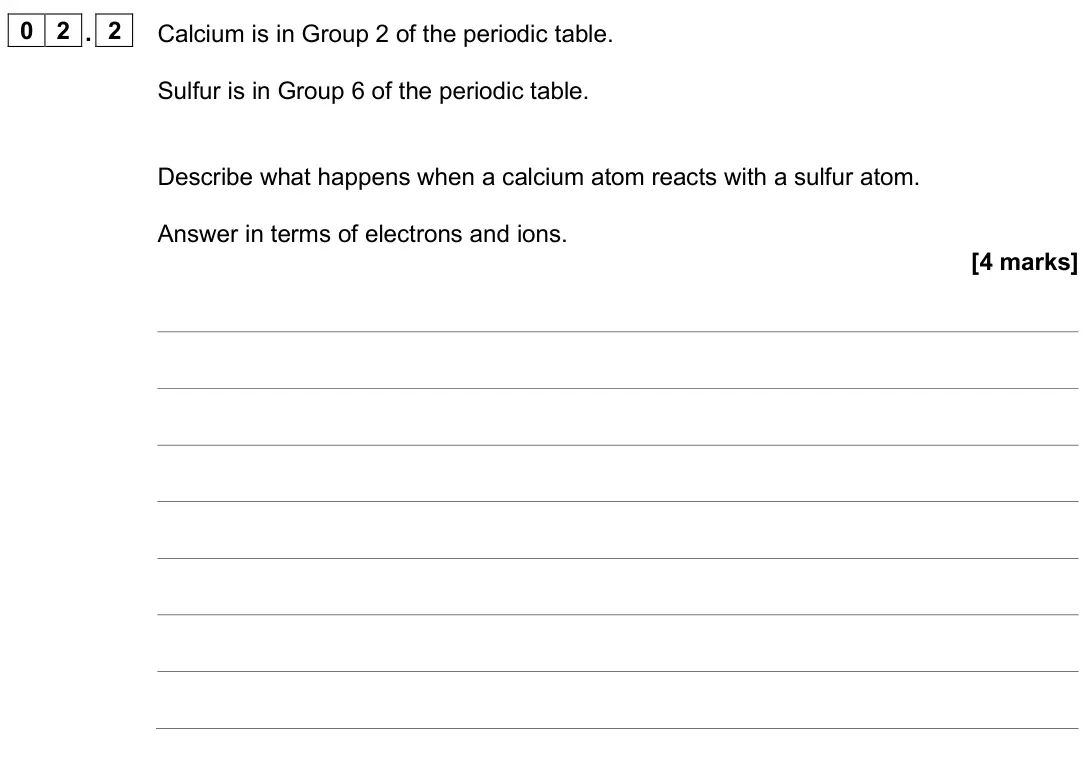 June 2025 Paper 1 Higher, question 02.2: Calcium is in Group 2 of the periodic table. Sulfur is in Group 6 of the periodic table. Describe what happens when a calcium atom reacts with a sulfur atom. An