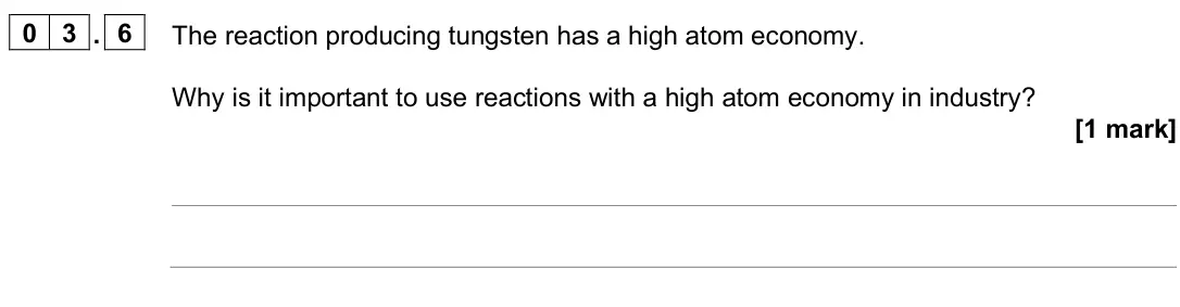 June 2025 Paper 1 Higher, question 03.6: The reaction producing tungsten has a high atom economy. Why is it important to use reactions with a high atom economy in industry? [1 mark]