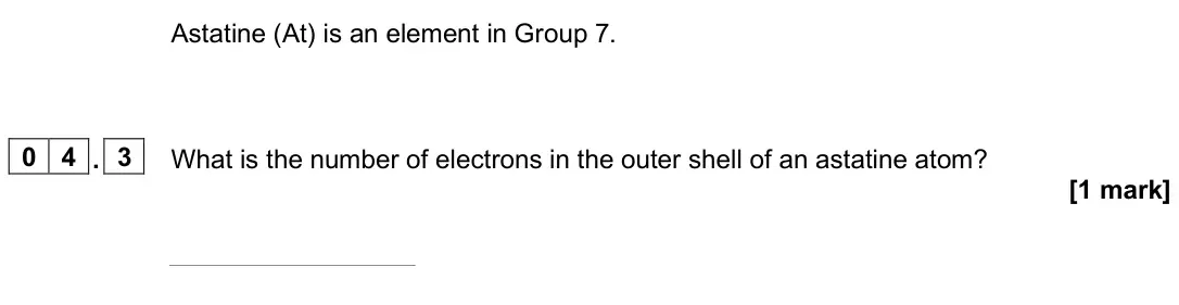 June 2025 Paper 1 Higher, question 04.3: What is the number of electrons in the outer shell of an astatine atom? [1 mark]