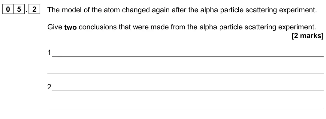 June 2025 Paper 1 Higher, question 05.2: The model of the atom changed again after the alpha particle scattering experiment. Give two conclusions that were made from the alpha particle scattering exper