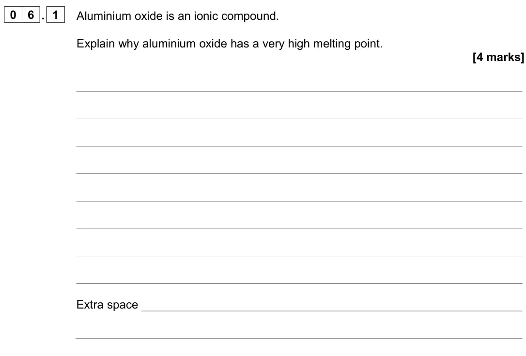 June 2025 Paper 1 Higher, question 06.1: Aluminium oxide is an ionic compound. Explain why aluminium oxide has a very high melting point. [4 marks]