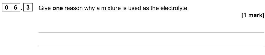 June 2025 Paper 1 Higher, question 06.3: Give one reason why a mixture is used as the electrolyte. [1 mark]