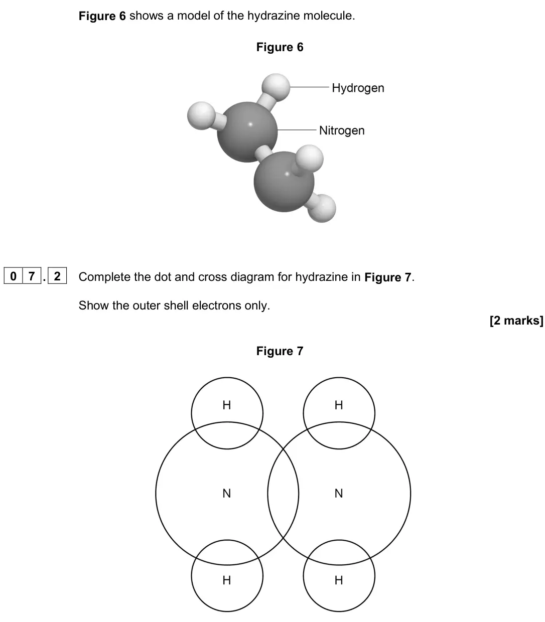 June 2025 Paper 1 Higher, question 07.2: Complete the dot and cross diagram for hydrazine in Figure 7. Show the outer shell electrons only. [2 marks] Figure 7