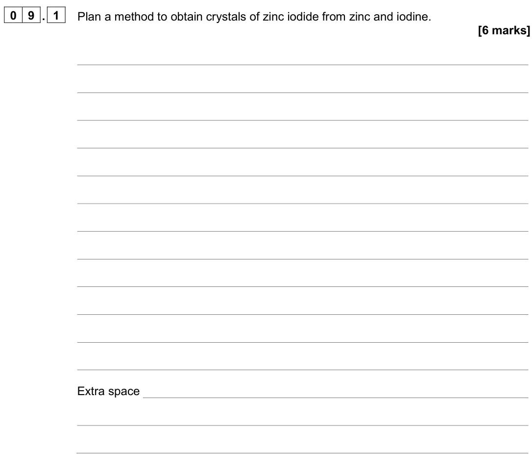 June 2025 Paper 1 Higher, question 09.1: Plan a method to obtain crystals of zinc iodide from zinc and iodine. [6 marks]