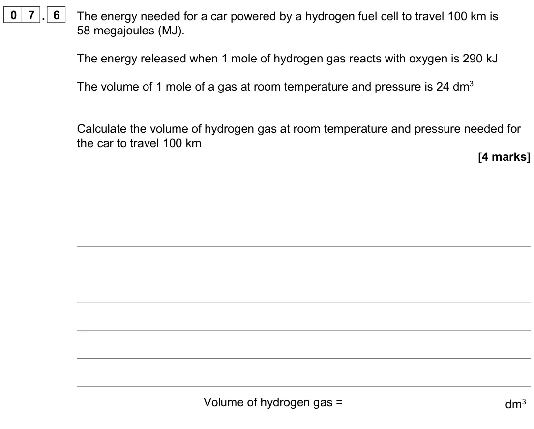 November 2020 Paper 1 Higher, question 07.6: The energy needed for a car powered by a hydrogen fuel cell to travel 100 km is 58 megajoules (MJ). The energy released when 1 mole of hydrogen gas reacts with