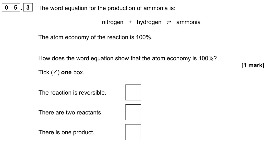 June 2022 Paper 2 Foundation, question 05.3: The word equation for the production of ammonia is: nitrogen + hydrogen ⇌ ammonia The atom economy of the reaction is 100%. How does the word equation show that