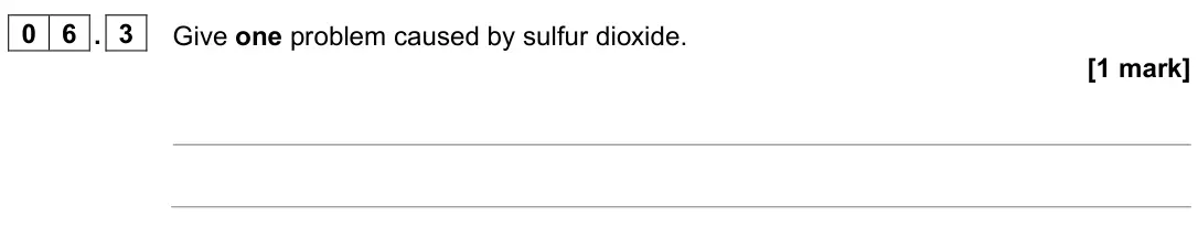 June 2023 Paper 2 Foundation, question 06.3: Give one problem caused by sulfur dioxide. [1 mark]