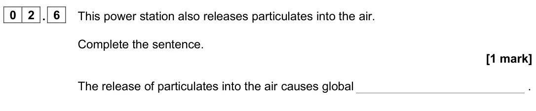 June 2024 Paper 2 Foundation, question 02.6: This power station also releases particulates into the air. Complete the sentence. [1 mark] The release of particulates into the air causes global .
