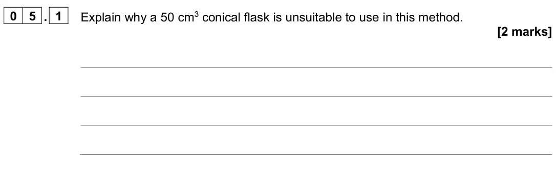 June 2024 Paper 2 Foundation, question 05.1: Explain why a 50 cm3 conical flask is unsuitable to use in this method. [2 marks]