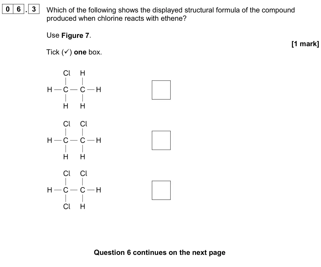 June 2024 Paper 2 Foundation, question 06.3: Which of the following shows the displayed structural formula of the compound produced when chlorine reacts with ethene? Use Figure 7. [1 mark] Tick () one box