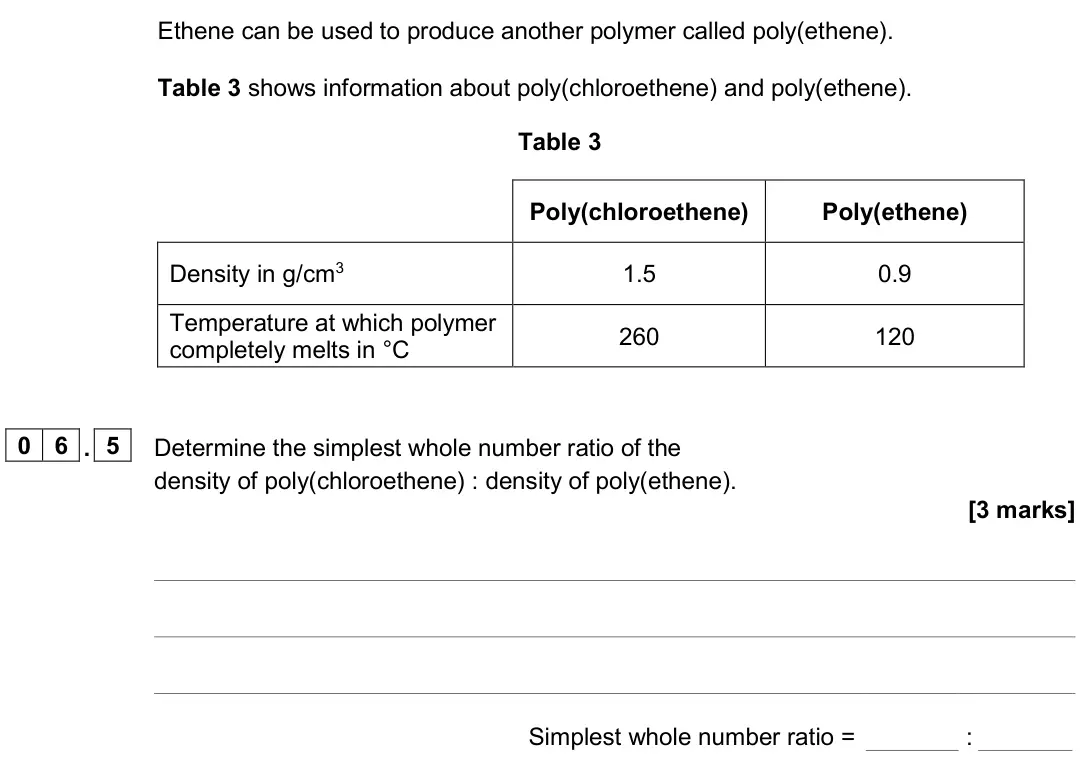 June 2024 Paper 2 Foundation, question 06.5: Determine the simplest whole number ratio of the density of poly(chloroethene) : density of poly(ethene). [3 marks] Simplest whole number ratio = :