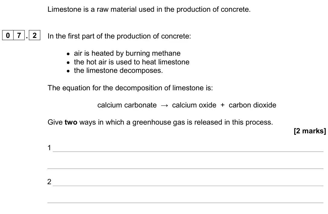 June 2024 Paper 2 Foundation, question 07.2: In the first part of the production of concrete: • air is heated by burning methane • the hot air is used to heat limestone • the limestone decomposes. The equa