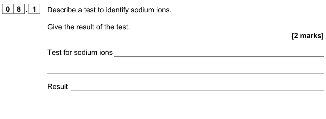 June 2024 Paper 2 Foundation, question 08.1: Describe a test to identify sodium ions. Give the result of the test. [2 marks] Test for sodium ions Result