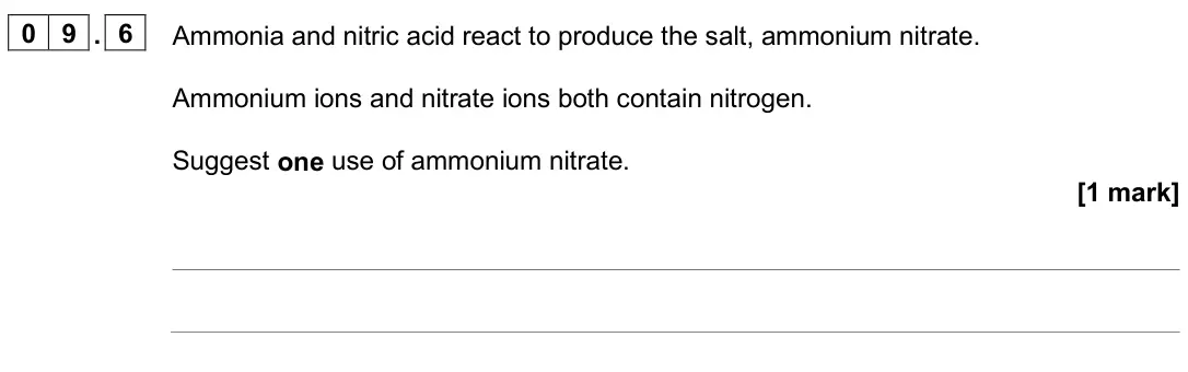 June 2024 Paper 2 Foundation, question 09.6: Ammonia and nitric acid react to produce the salt, ammonium nitrate. Ammonium ions and nitrate ions both contain nitrogen. Suggest one use of ammonium nitrate.