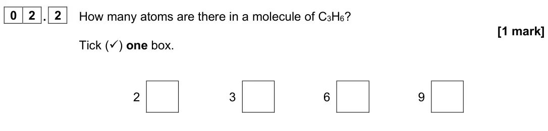 June 2025 Paper 2 Foundation, question 02.2: How many atoms are there in a molecule of C3H6? [1 mark] Tick () one box. 2 3 6 9