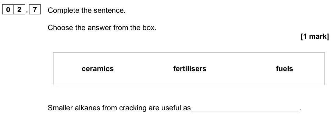 June 2025 Paper 2 Foundation, question 02.7: Complete the sentence. Choose the answer from the box. [1 mark] Smaller alkanes from cracking are useful as . ceramics fertilisers fuels